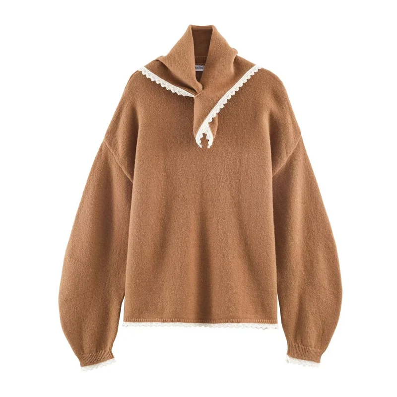Damen Kuscheliger Oversize-Pullover mit Spitzeneinfassung Nord Taschen