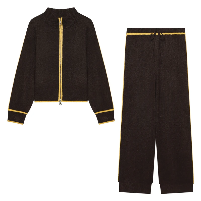 Damen Kuschel-Strickset mit Reißverschluss-Cardigan, Stehkragen und weiter Strickhose Nord Taschen