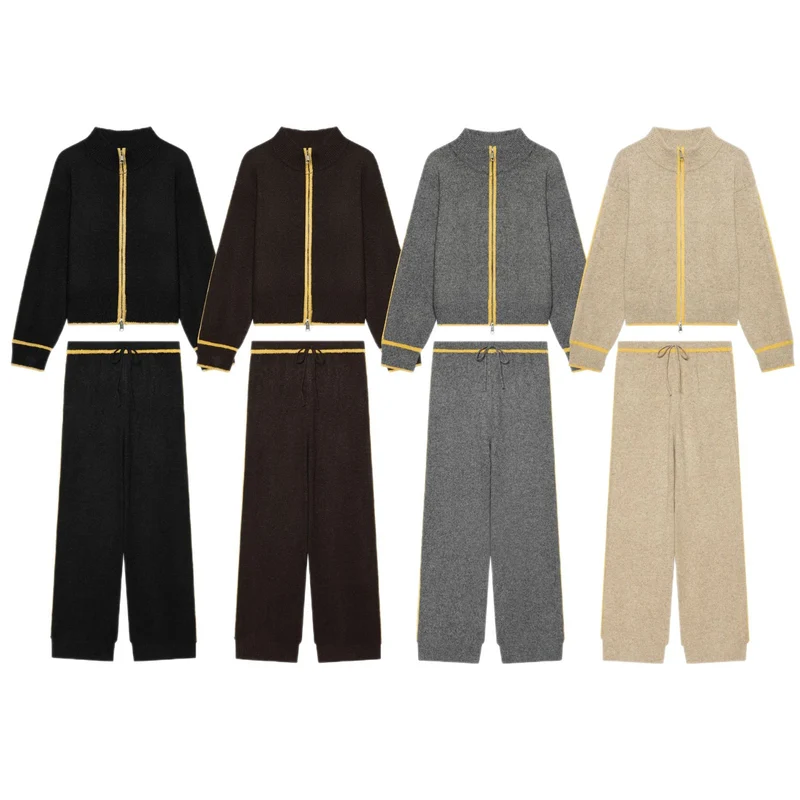 Damen Kuschel-Strickset mit Reißverschluss-Cardigan, Stehkragen und weiter Strickhose Nord Taschen