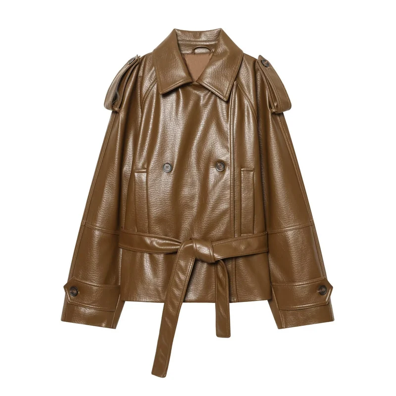 Damen Kurztrenchcoat aus Lederimitat mit Taillengürtel und Schulterklappen Nord Taschen