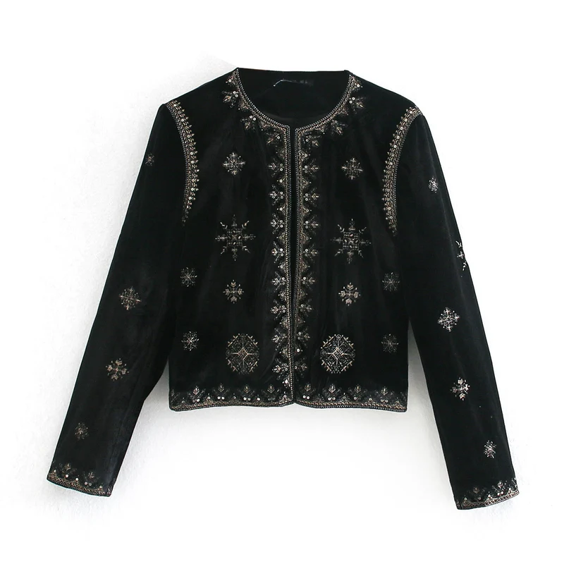 Damen Kurzsametjacke mit filigraner Metallstickerei und Perlenbesatz Nord Taschen