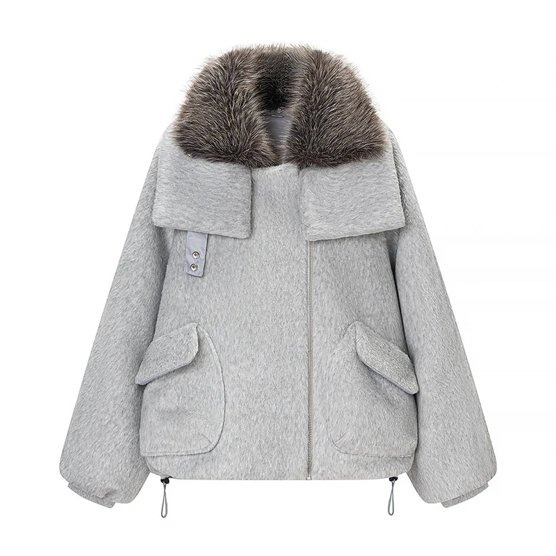 Damen Kurzjacke mit voluminösem Kunstfellkragen und Oversize-Schnitt Nord Taschen
