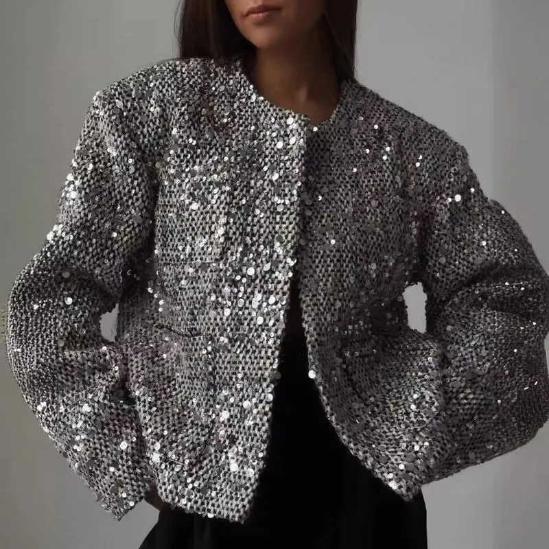 Damen Kurzjacke mit Paillettenbesatz und Bouclé-Struktur Nord Taschen