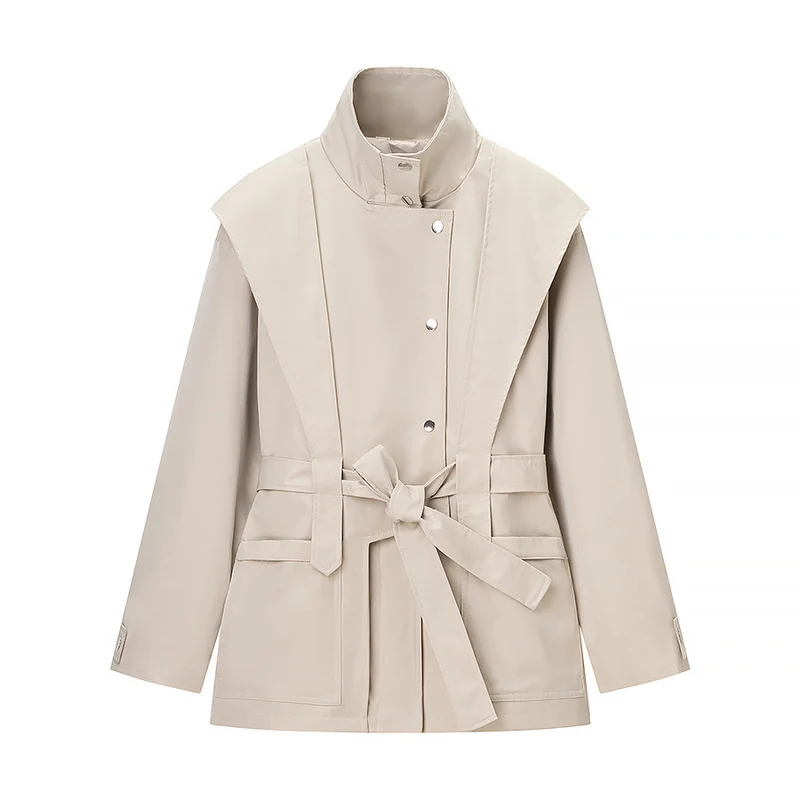 Damen Kurzjacke mit Cape-Schulter, Stehkragen und Taillengürtel Nord Taschen