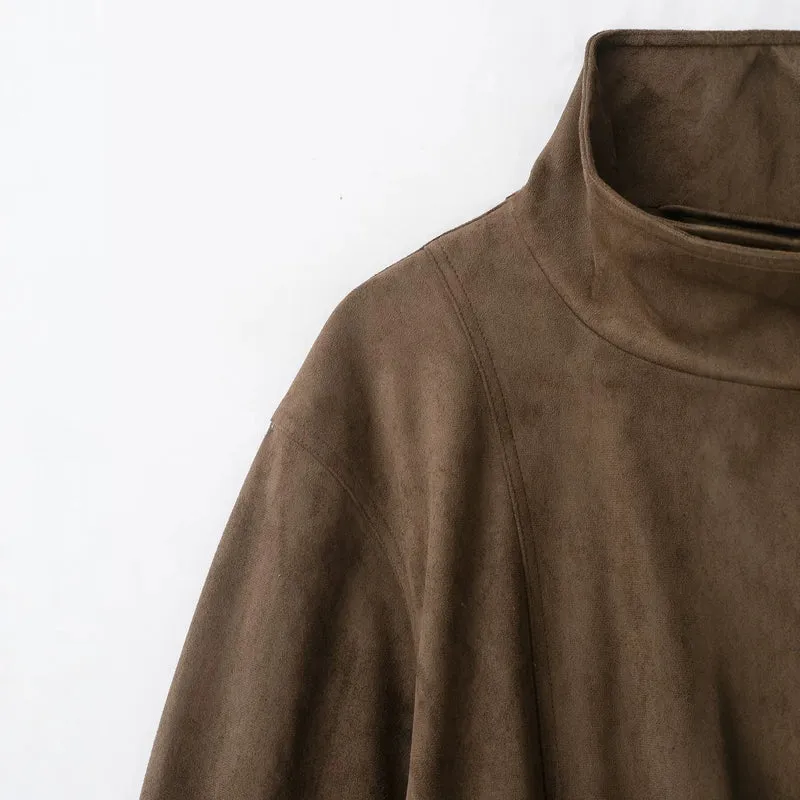 Damen Kurzjacke in Wildlederoptik mit hohem Funnelkragen und Bindegürtel Nord Taschen