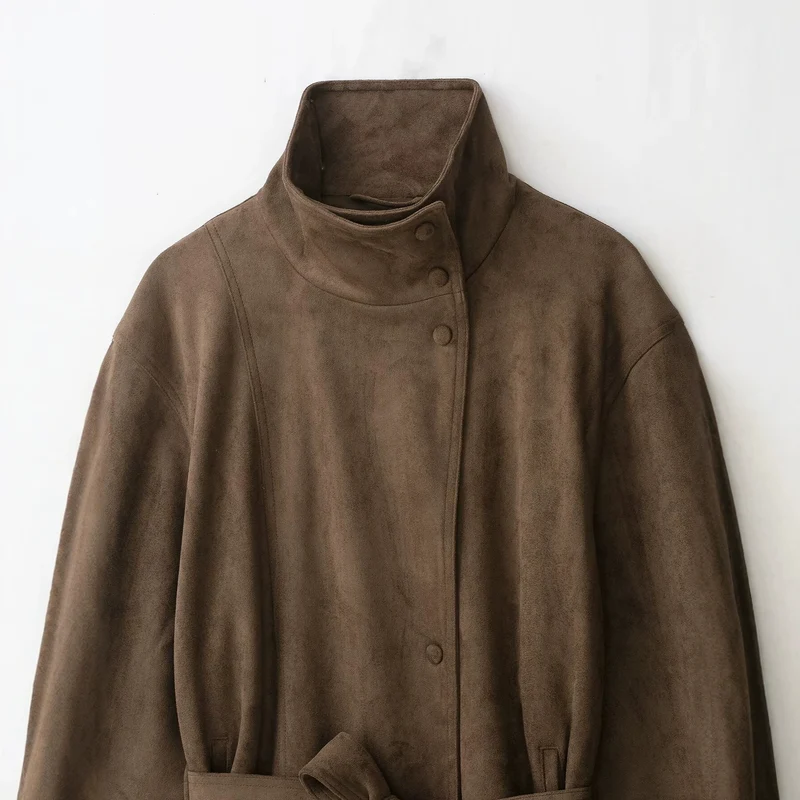 Damen Kurzjacke in Wildlederoptik mit hohem Funnelkragen und Bindegürtel Nord Taschen