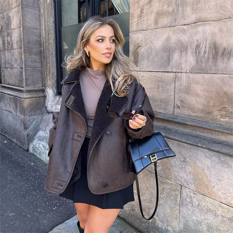 Damen Kurzjacke im Oversized Lammfelloptik‑Look mit Umlegekragen und Taschen Nord Taschen