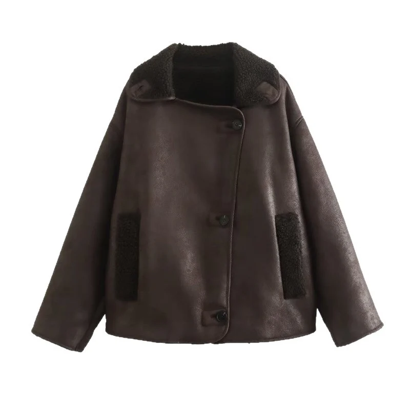Damen Kurzjacke im Oversized Lammfelloptik‑Look mit Umlegekragen und Taschen Nord Taschen