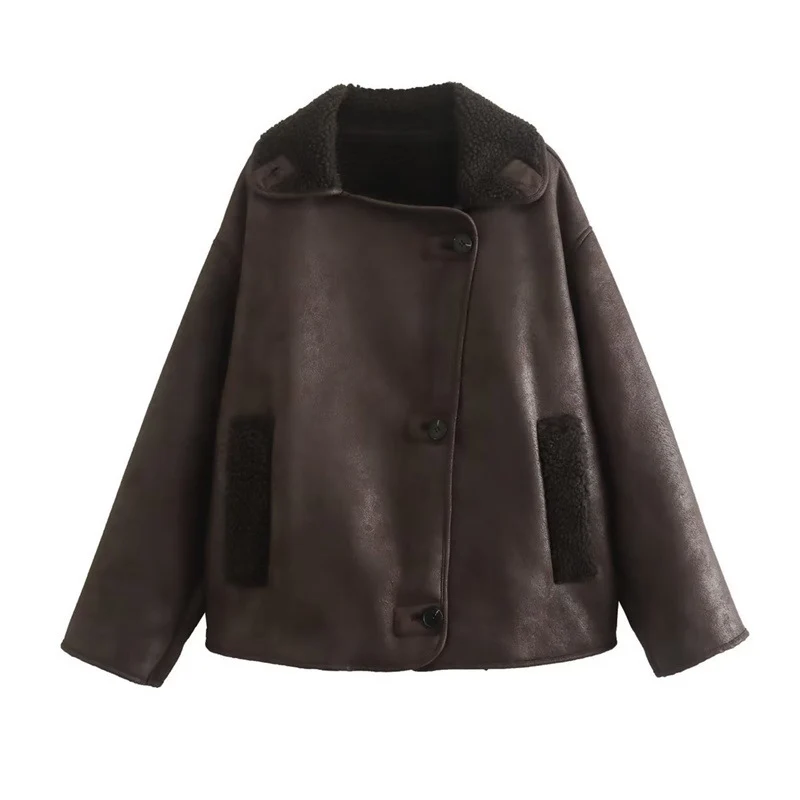 Damen Kurzjacke im Oversized Lammfelloptik‑Look mit Umlegekragen und Taschen Nord Taschen