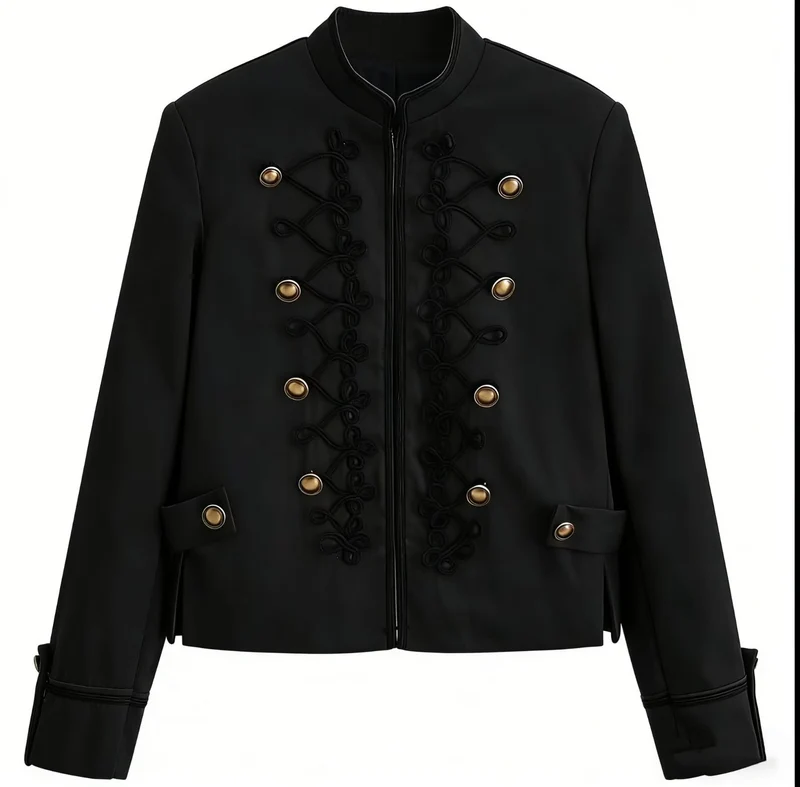 Damen Kurzjacke im Militärstil mit Stehkragen und dekorativer Kordierung Nord Taschen