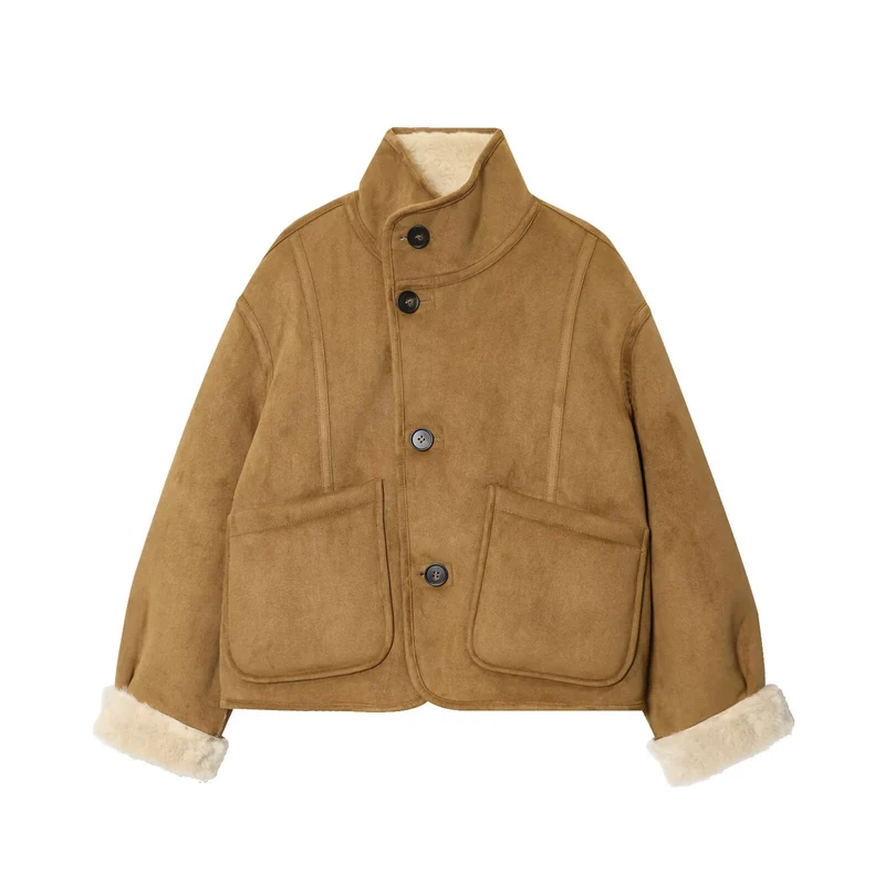Damen Kurzjacke im Lammfell‑Look mit hohem Stehkragen und aufgesetzten Taschen Nord Taschen