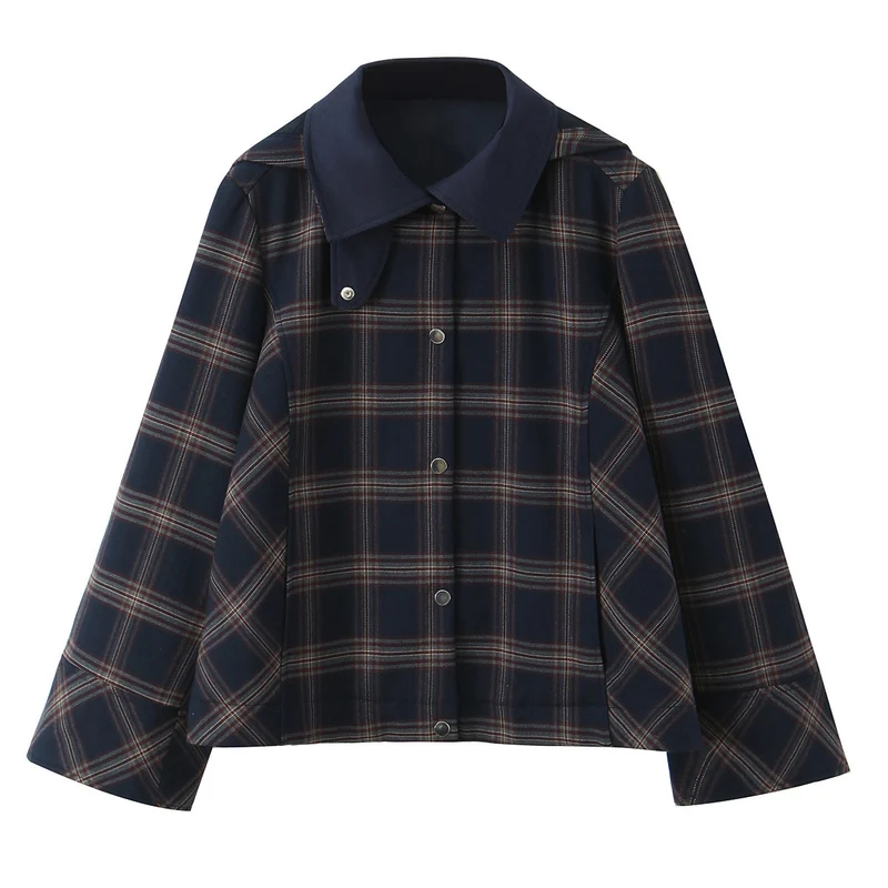 Damen Kurzjacke im Boxy‑Schnitt mit großem Hemdkragen und Karomuster Nord Taschen