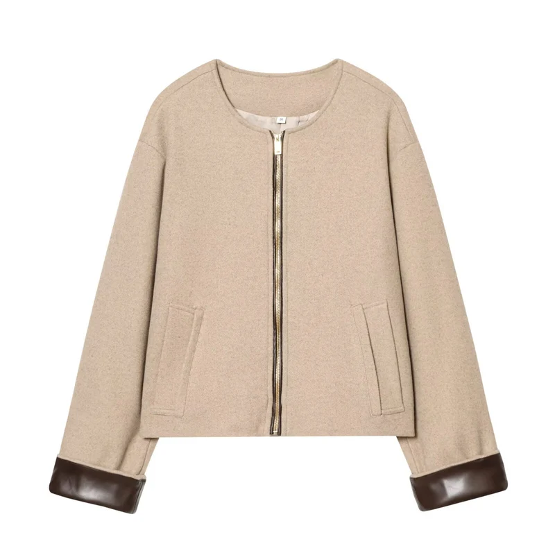 Damen Kurzjacke im Boxy‑Cropped‑Wollmix mit sichtbarem Metallreißverschluss und Kontrastmanschetten Nord Taschen