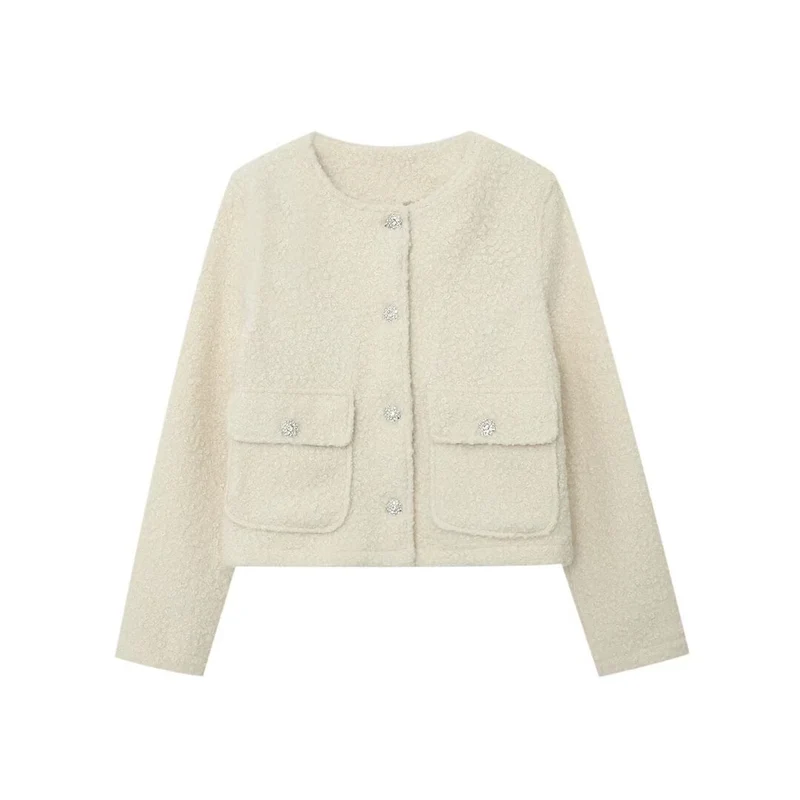 Damen Kurzjacke im Bouclé‑Tweed‑Look mit Rundhalsausschnitt und Kristall‑Zierknöpfen Nord Taschen
