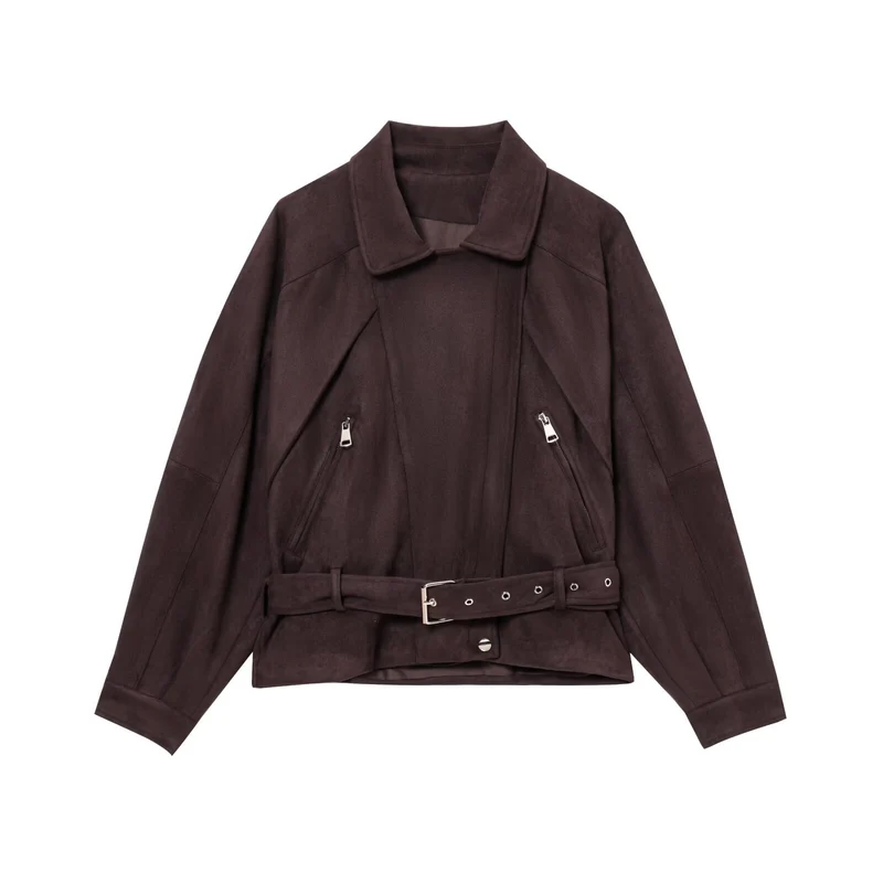 Damen Kurzjacke im Bikerstil aus Velourslederoptik mit Taillengürtel Nord Taschen