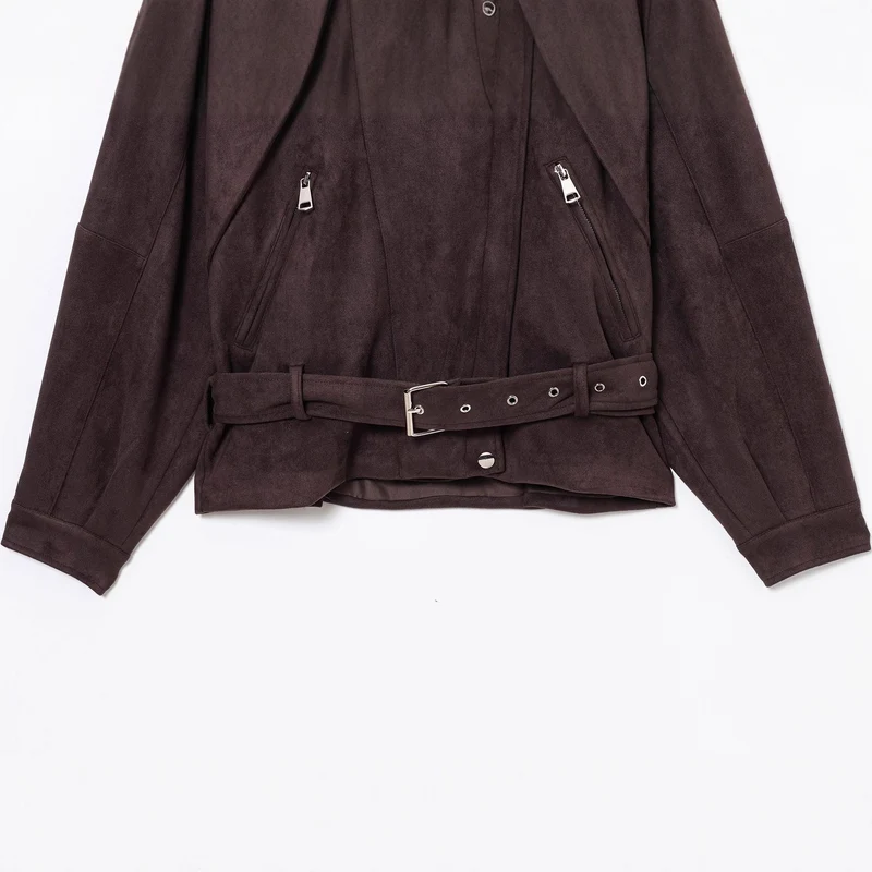 Damen Kurzjacke im Bikerstil aus Velourslederoptik mit Taillengürtel Nord Taschen