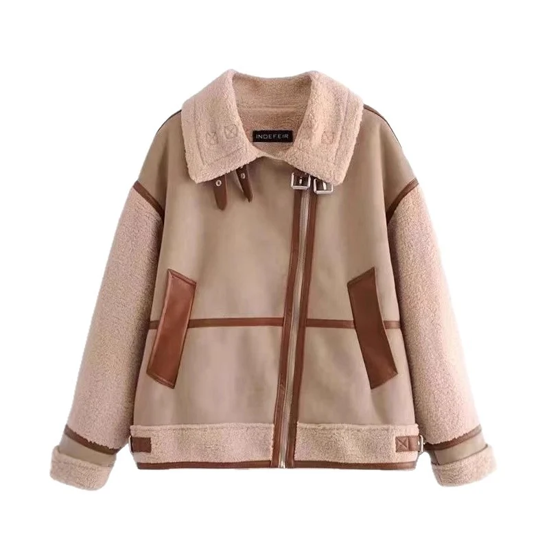 Damen Kurzjacke im Aviator-Look mit Teddyfutter, Kunstlederbesatz und asymmetrischem Reißverschluss Nord Taschen