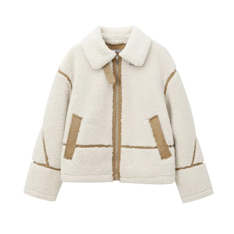 Damen Kurzjacke im Aviator-Look mit Teddyfutter, Kunstlederbesatz und asymmetrischem Reißverschluss Nord Taschen