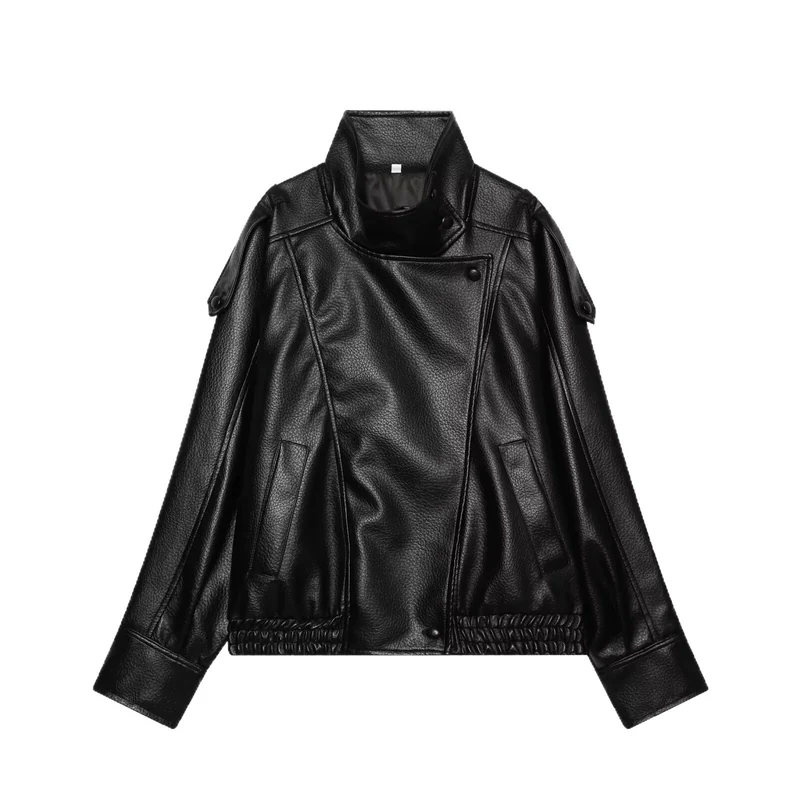 Damen Kurzjacke im asymmetrischen Biker‑Trenchstil aus veganer Lederoptik mit hohem Stehkragen Nord Taschen