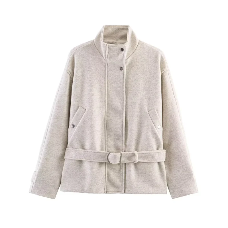 Damen Kurzjacke aus Wollmix mit Taillengürtel und Stehkragen Nord Taschen