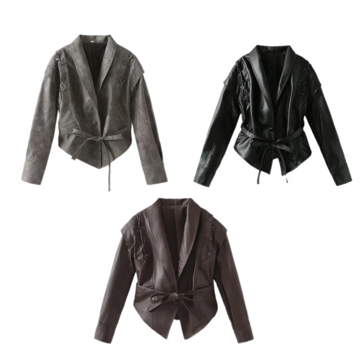 Damen Kurzjacke aus Wildlederimitat mit Wickelgürtel und Schnürdetails Nord Taschen