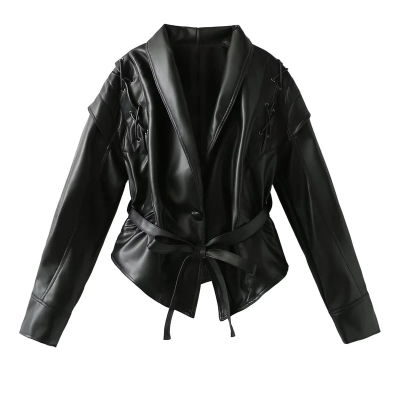 Damen Kurzjacke aus Wildlederimitat mit Wickelgürtel und Schnürdetails Nord Taschen