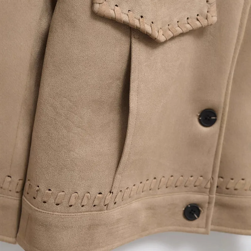 Damen Kurzjacke aus Veloursimitat mit Ziernaht‑Schnürung Nord Taschen