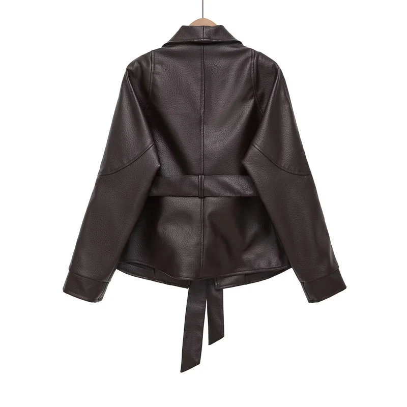 Damen Kurzjacke aus veganer Lederoptik mit Taillengürtel und Schalkragen Nord Taschen