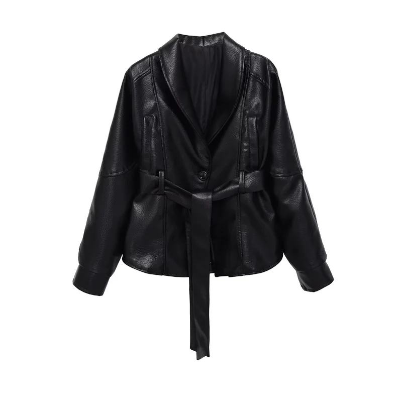 Damen Kurzjacke aus veganer Lederoptik mit Taillengürtel und Schalkragen Nord Taschen