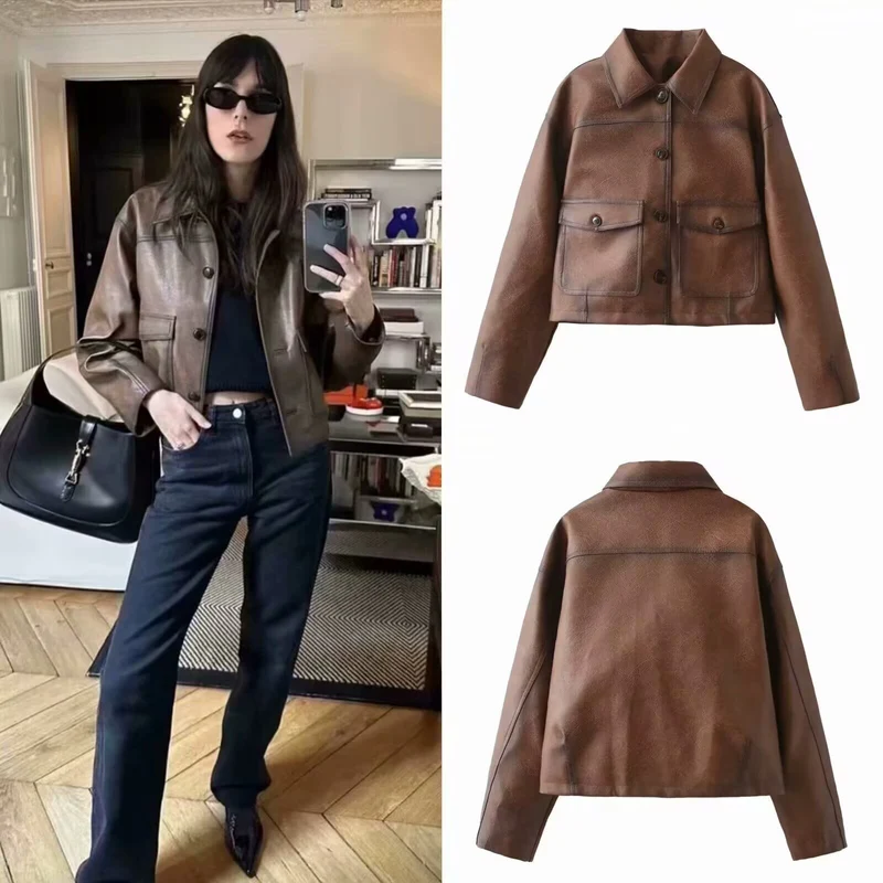 Damen Kurzjacke aus veganer Lederoptik im kastenförmigen Worker Look Nord Taschen