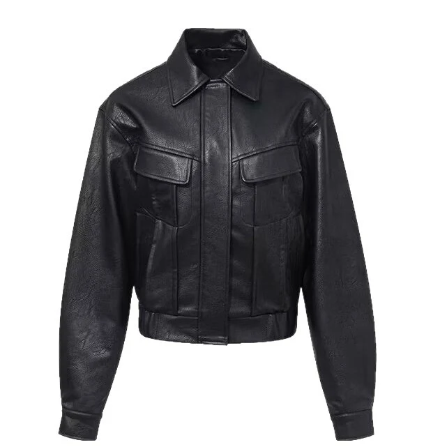 Damen Kurzjacke aus veganer Lederoptik im Cropped-Utility-Worker-Stil mit Pattentaschen Nord Taschen