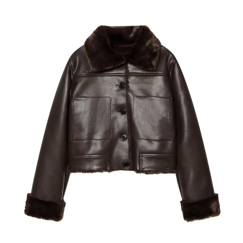 Damen Kurzjacke aus Lederoptik mit Teddy-Futter, aufgesetzten Taschen und Umlegekragen Nord Taschen