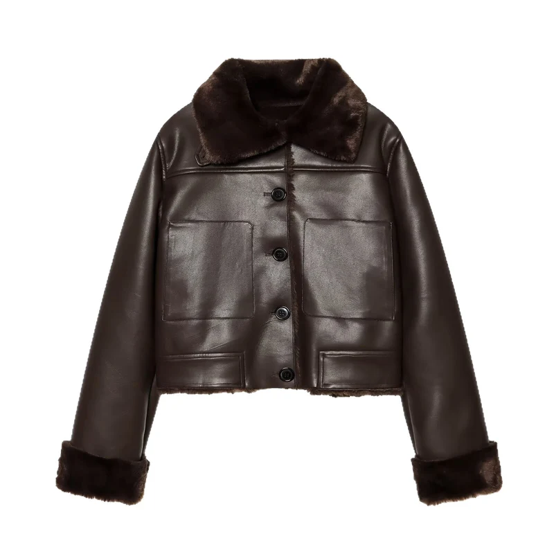 Damen Kurzjacke aus Lederoptik mit Teddy-Futter, aufgesetzten Taschen und Umlegekragen Nord Taschen