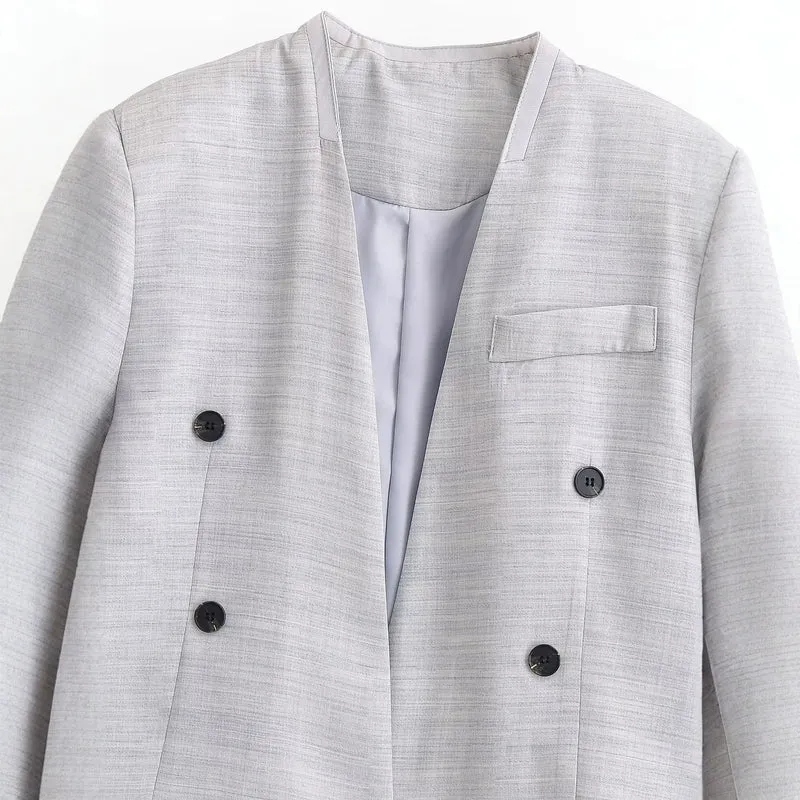 Damen Kurzgeschnittener kragenloser Blazer mit doppelreihiger Knopfleiste und Strukturgewebe Nord Taschen