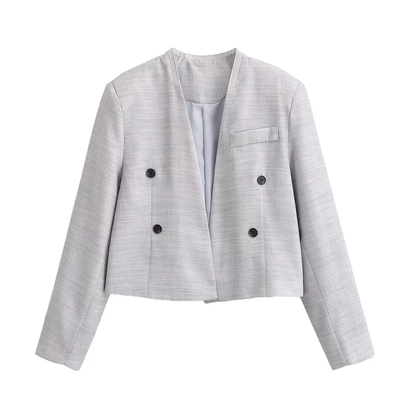 Damen Kurzgeschnittener kragenloser Blazer mit doppelreihiger Knopfleiste und Strukturgewebe Nord Taschen