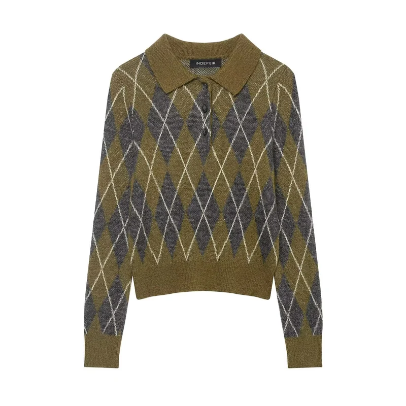 Damen Kurzgeschnittener Argyle‑Polo‑Pullover aus feinem Strukturstrick Nord Taschen