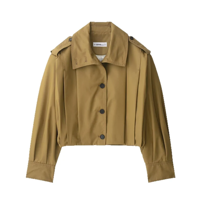 Damen Kurzgeschnittene Trenchjacke im Boxy-Schnitt mit breitem Revers und Epauletten Nord Taschen