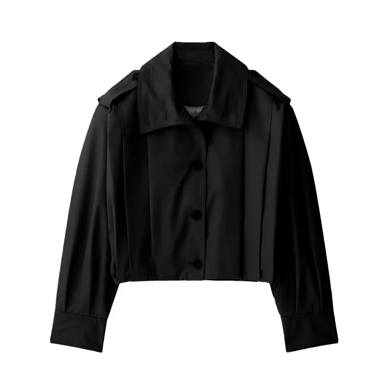 Damen Kurzgeschnittene Trenchjacke im Boxy-Schnitt mit breitem Revers und Epauletten Nord Taschen