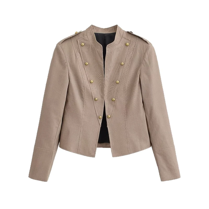Damen Kurzgeschnittene taillierte Militärjacke mit Stehkragen und Zierknöpfen Nord Taschen
