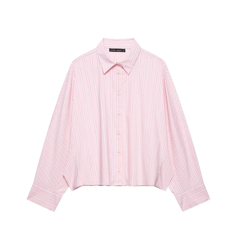 Damen Kurzgeschnittene Oversize‑Hemdbluse mit Nadelstreifen, Hemdkragen und verlängerten Manschetten Nord Taschen