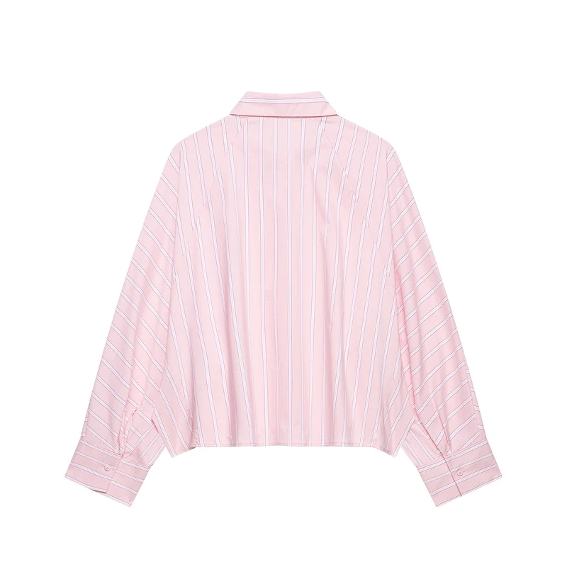 Damen Kurzgeschnittene Oversize‑Hemdbluse mit Nadelstreifen, Hemdkragen und verlängerten Manschetten Nord Taschen