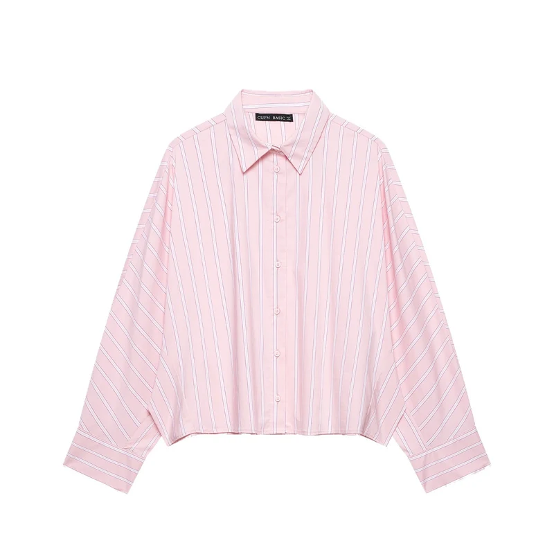 Damen Kurzgeschnittene Oversize‑Hemdbluse mit Nadelstreifen, Hemdkragen und verlängerten Manschetten Nord Taschen
