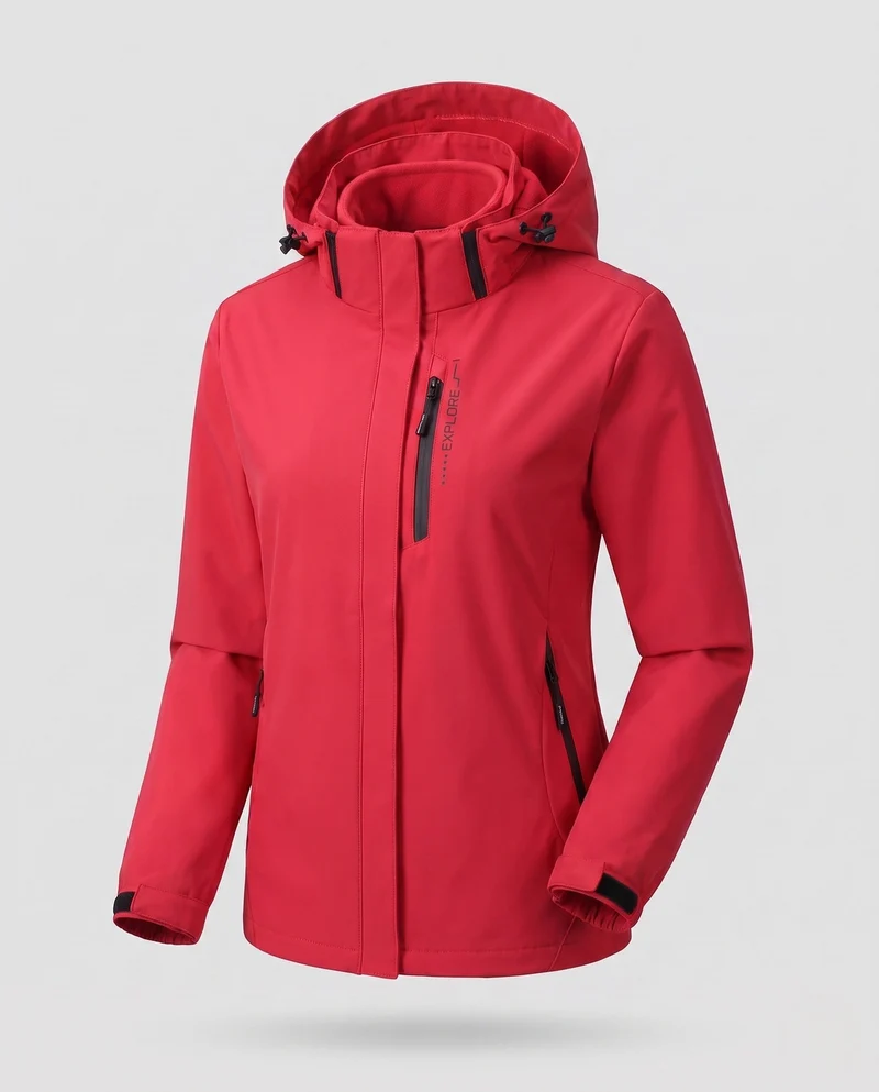 Damen Zwei-Lagen Softshell-Jacke mit abnehmbarer Fleece-Innenlage und verstellbarer Kapuze Nord Taschen