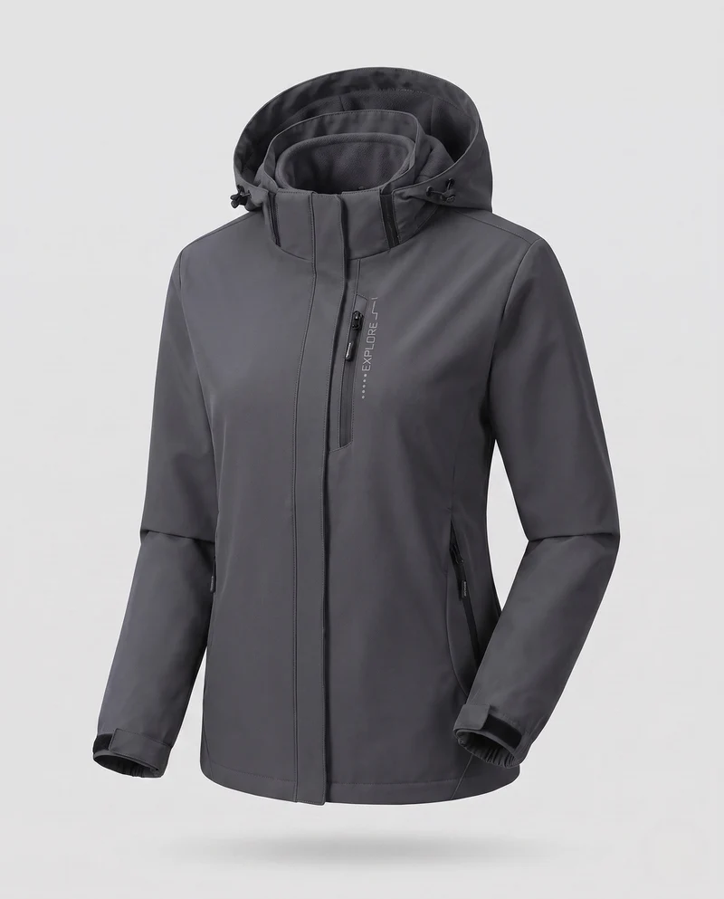 Damen Zwei-Lagen Softshell-Jacke mit abnehmbarer Fleece-Innenlage und verstellbarer Kapuze Nord Taschen