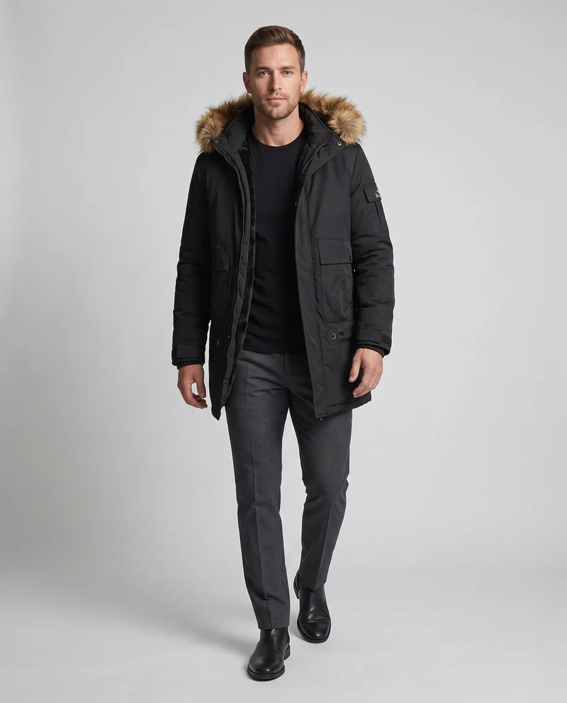 Herren Arctic Utility Parka mit Sherpa-Futter, abnehmbarer Kunstpelzkapuze und verstellbarem Zugband Nord Taschen