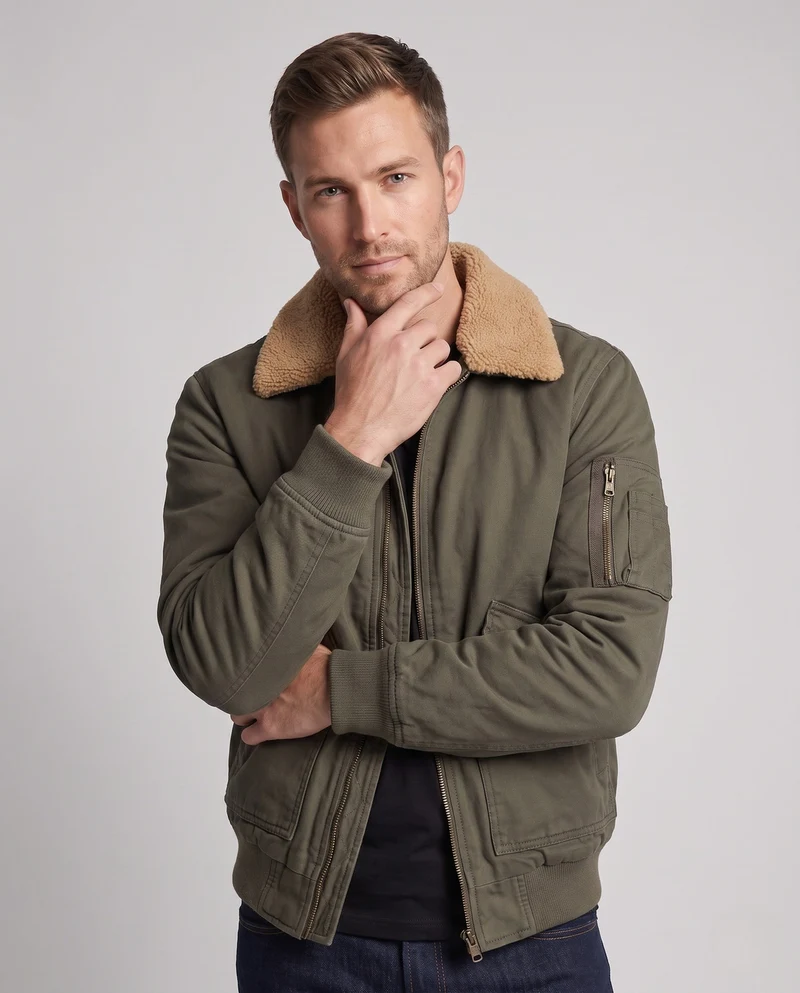 Herren Aviator-Bomber aus strapazierfähigem Canvas mit Teddy-Futter und Utility-Tasche an der Schulter Nord Taschen