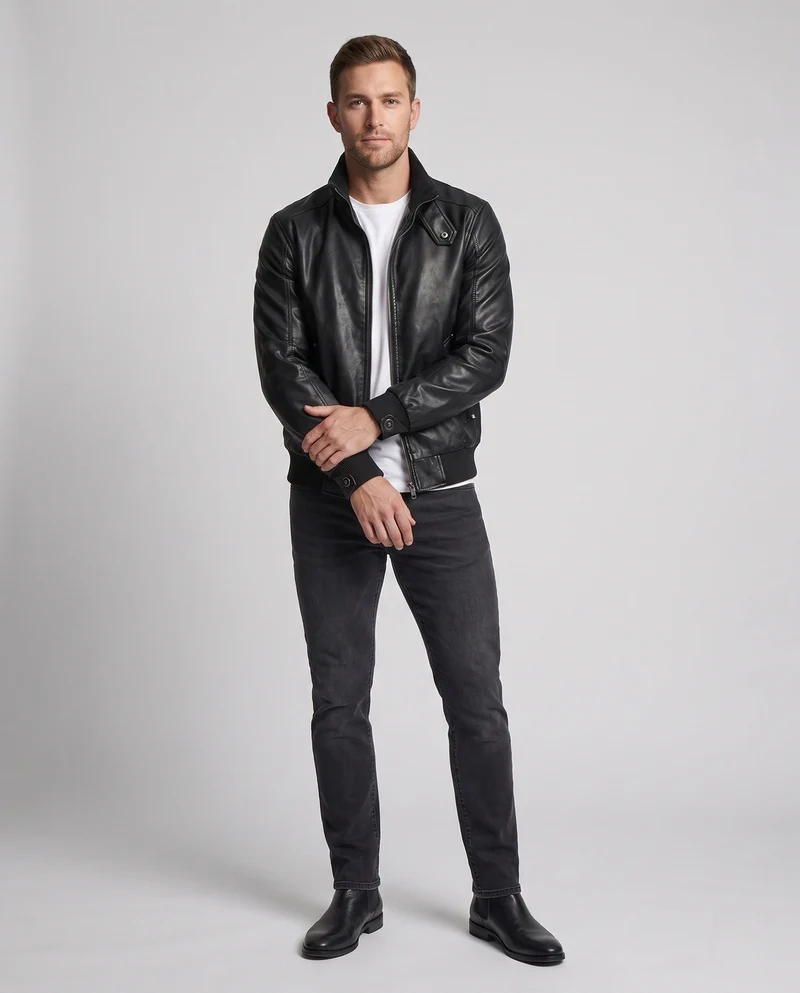 Herren Aviator Kunstlederjacke mit Thermo-Sherpa-Futter und Stehkragen Nord Taschen