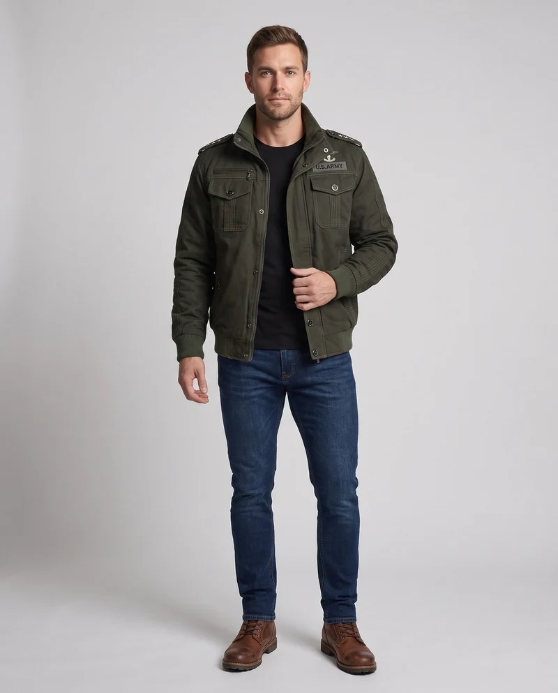 Herren Baumwollfeldjacke im Military-Stil mit Stehkragen, Schulterklappen und mehreren Taschen Nord Taschen