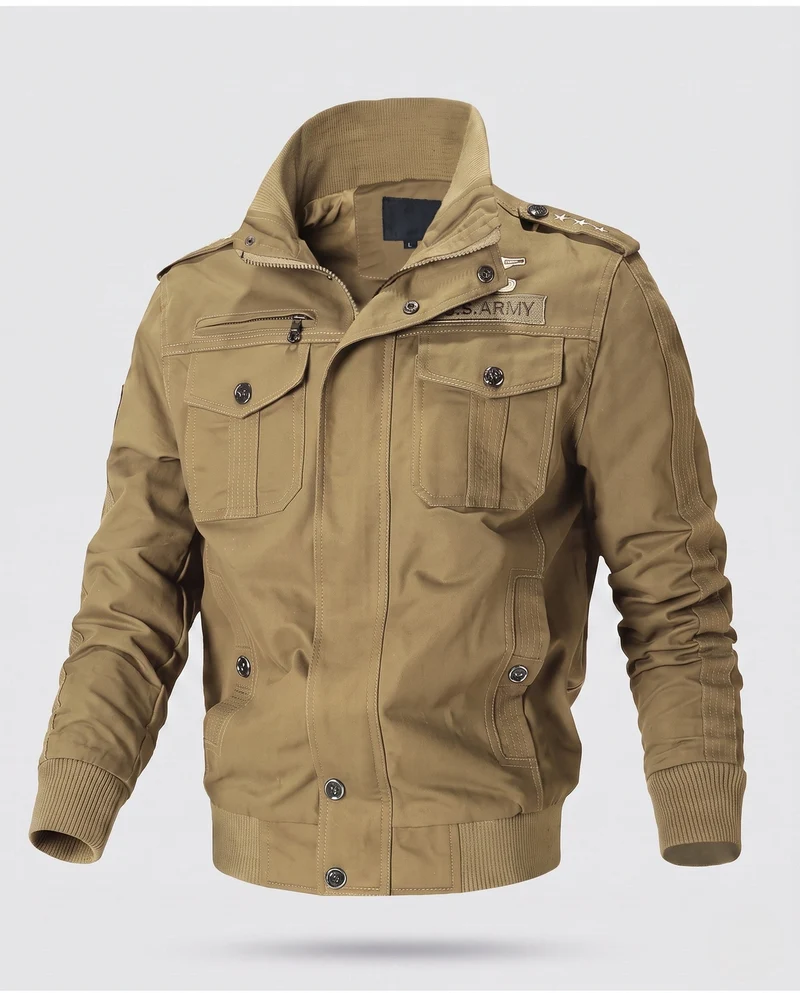 Herren Baumwollfeldjacke im Military-Stil mit Stehkragen, Schulterklappen und mehreren Taschen Nord Taschen