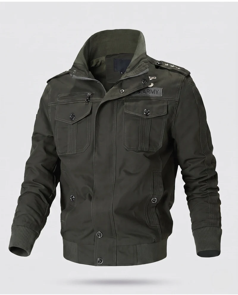 Herren Baumwollfeldjacke im Military-Stil mit Stehkragen, Schulterklappen und mehreren Taschen Nord Taschen